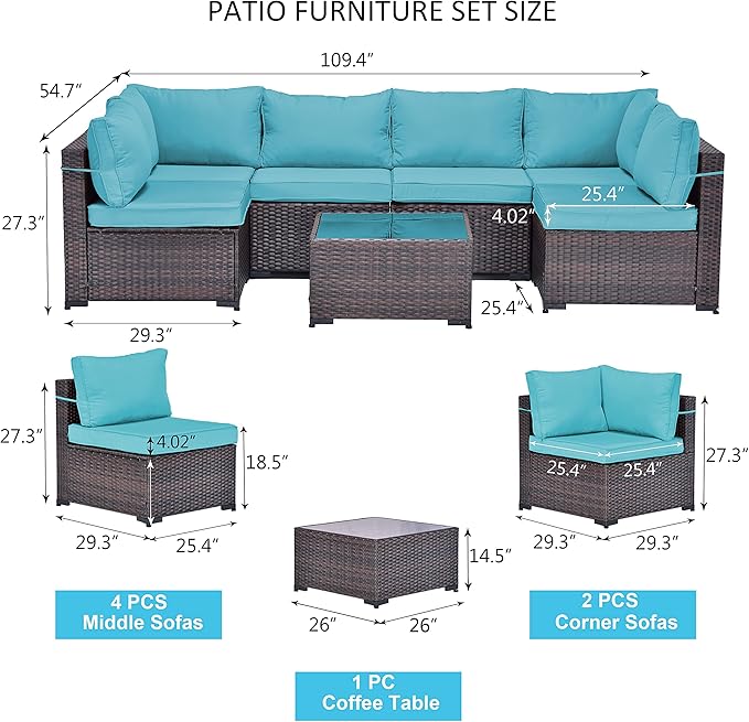 Kullavik 7 Pieces Outdoor Patio Furniture Set,Sectional Rattan Sofa Set Brown PE Rattan Wicker Patio Conversation Set with Tempered Glass Coffee Table and Washable Cushions Covers,Turquoise Blue