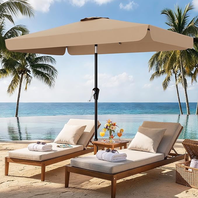 AreShark 6.5 x 10 FT Rectangular Valance Patio Umbrella, Outdoor Umbrella with Tilt and Crank, Market Table Umbrellas W/ 6 Ribs UV Protection for Garden, Deck, Backyard and Pool, Beige