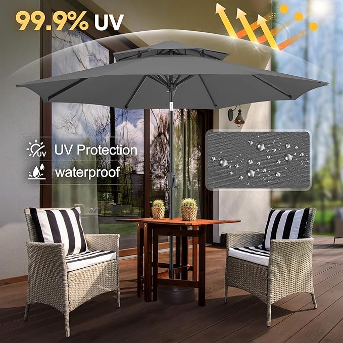 FLAME&SHADE 9ft Patio Umbrella - 2 Tiers Outdoor Umbrella with Push Button Tilt and Crank for UV Protection, Table Market Umbrella for Garden, Deck, Backyard, Pool and Beach(Anthracite)