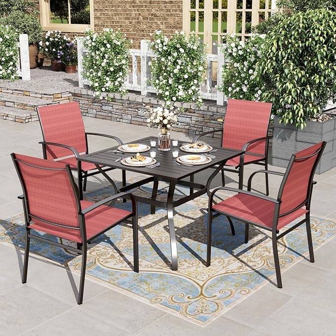HERA'S HOUSE Red Patio Dining Set for 4, 5 Piece Outdoor Table and Chairs Set, 4 x Textilene Dining Chair, 37" Square Metal Dining Table, for Lawn Garden Backyard Deck