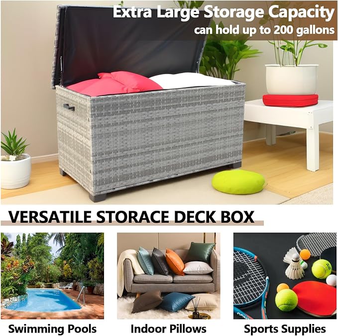 148 Gallon Deck Box Storage, Large Outdoor Weatherproof Storage Box with Lid,Wicker Outdoor Cushion Storage Box for Porch,Patio,Garden,Poolside,Tools,Toys (Light Grey, 55.50 Inch)