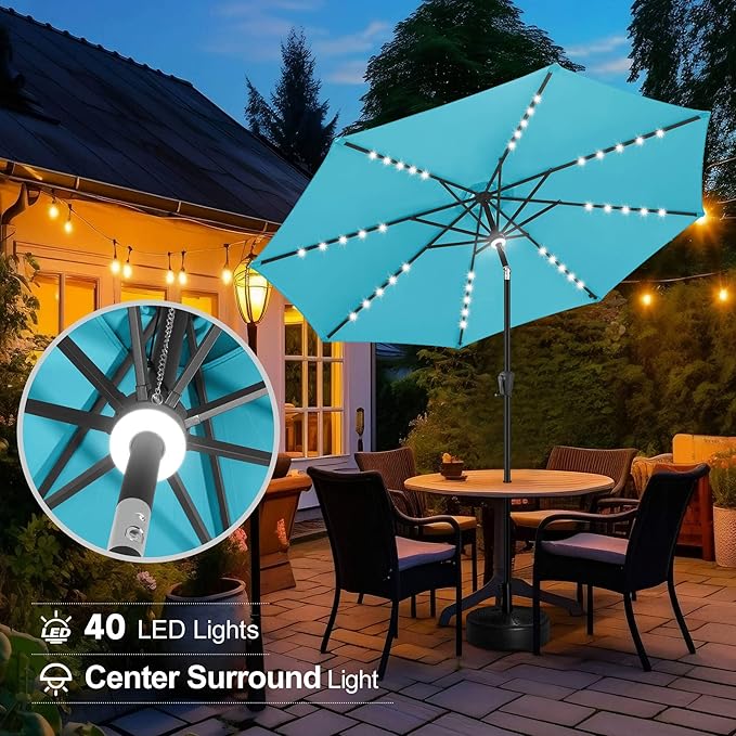 FLAME&SHADE 9 ft Patio Umbrella with Solar Lights, 40 LED Lighted Table Outdoor Umbrella for Deck, Pool, Porch, Backyard, Market, Garden, 8 Sturdy Ribs, UV Protection, Aqua Blue