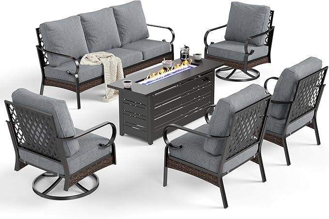 6 Piece Black Metal Outdoor Patio Furniture Sets with Firepit Table, Patio Conversation Sets 1 3-Seater Sofa, 2 Leg Sofa and 2 Swivel Chair with 5.75" Cushion for Backyard Deck, Gray