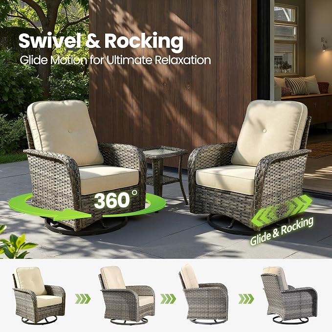 5 Piece Wicker Patio Furniture with Swivel Rocker Chair, Beige | High Back Swivel Rocker Chairs, All Weather Rattan Outdoor Sofa, Solar Lights Table, Modern Conversation Sets, Deck Backyard
