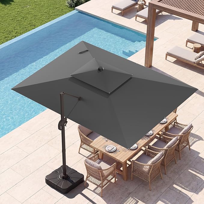 10x13 FT Patio Umbrella with Base, Large Cantilever Rectangular Double Top Heavy Duty Offset Umbrellas with 361° Rotation, Outdoor shade for Garden Deck Pool Patio, Gray