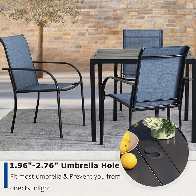 5 Pieces Patio Dining Set for 4, Blue Patio Stackable Chairs and Black Square Table Set of 4, Outdoor Furniture Set with Sling Support for Outside, Garden