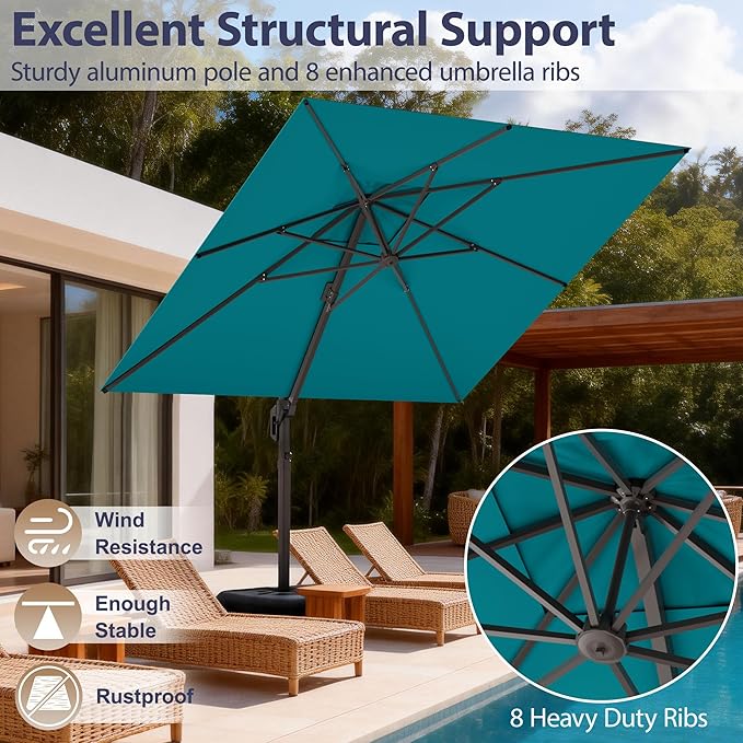 10' X 10' Patio Umbrella Cantilever Outdoor Rectangle Umbrella, Heavy Duty 360°Rotation Offset Umbrella for Garden Deck Pool Patio, Turquoise