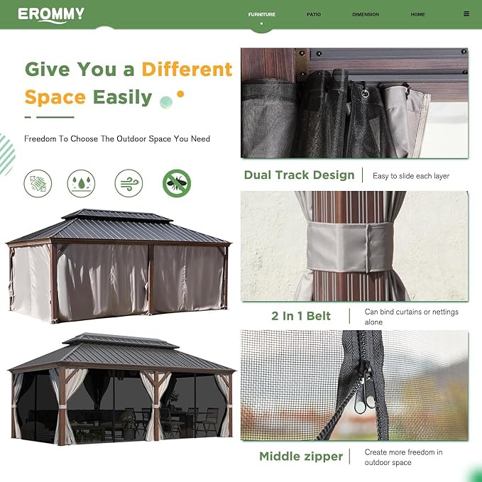 EROMMY 12'x20' Hardtop Gazebo, Galvanized Steel Double Roof with Wood Grain Aluminum Frame, Outdoor Permanent Metal Pavilion with Curtains and Nettings for Patio, Garden and Backyard