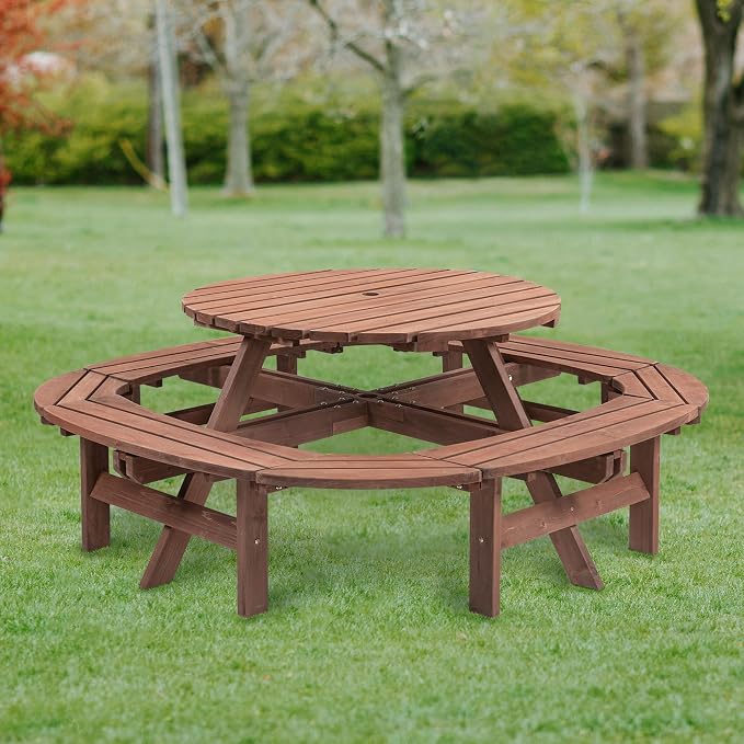 SSLine 10-Person Solid Wood Picnic Table Outdoor Round Picnic Table and Bench Set with Umbrella Hole Outside Wooden Table and Chairs Set for Patio Backyard Garden Lawn (Dark Brown)