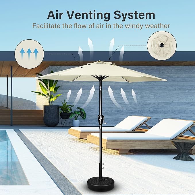 Simple Deluxe 7.5' Patio Umbrella with 20 Inch 50lbs Capacity Fillable Round Base, 6 Sturdy Ribs with Push Button Tilt/Crank for Garden, Deck, Backyard, Pool, Creamy White and Black