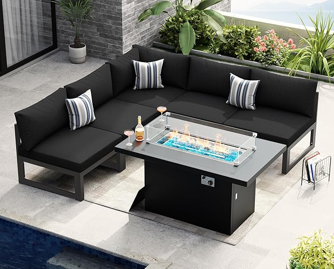 NICESOUL 6 Piece Modern Oversized Grey Aluminum Outdoor Patio Furniture Set with Fire Pit Table, 29" Deep Wide Seating Conversation Sofa, 500 lbs Heavy Duty Comfy Sectional Couch for Backyard, Black