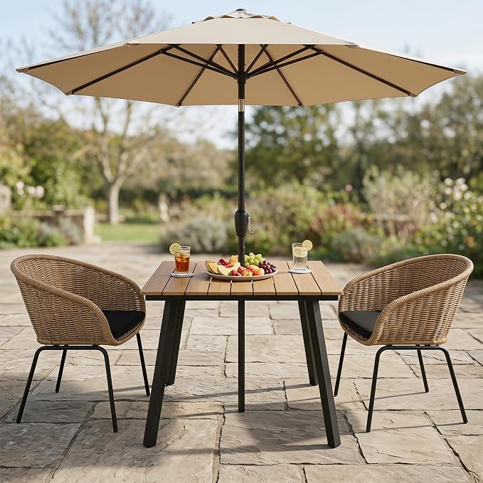 35" Square Patio Dining Table, with Umbrella Hole, Heavy Duty Iron Frame and WPC Top, All-Weather Outdoor Patio Table for Backyard, Garden and Outdoor Dining