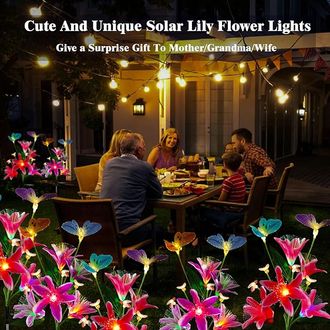 Solar Flower Lights Outdoor Garden Gifts Mother Day Decor,2Pack Color Changing Lilies Flowers with Flying Butterfly and Bee,Lily Flower Solar Lights Outside for Path Yard Patio Lawn Grave Spring Decor