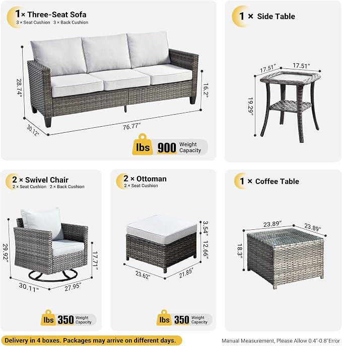 ovios 7 Pieces Patio Furniture Set, Outdoor Wicker Sofa with Rocking Swivel Chairs, Coffee Table, High Back Grey Rattan Conversation Set for Backyard Deck Porch, Grey