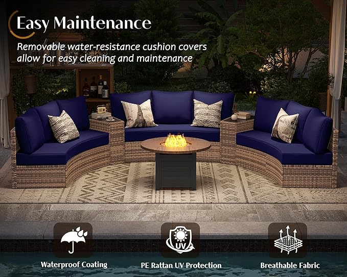 PaPaJet 11-Piece Patio Furniture Set, Half-Moon Outdoor Wicker Sectional Sofa with Large Storage Wedge Table, All-Weather Wicker Conversation Set for Backyard, Garden, or Deck, Blue