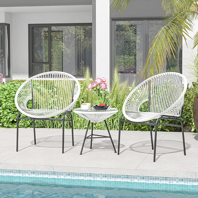 COSTWAY 3-Piece Outdoor Acapulco Chair Set, Wicker Conversation Bistro Sets with Plastic Rope, Glass Top Table, Patio Rattan Furniture Set for Garden, Balcony, Lawn, Backyard, Apartment, White