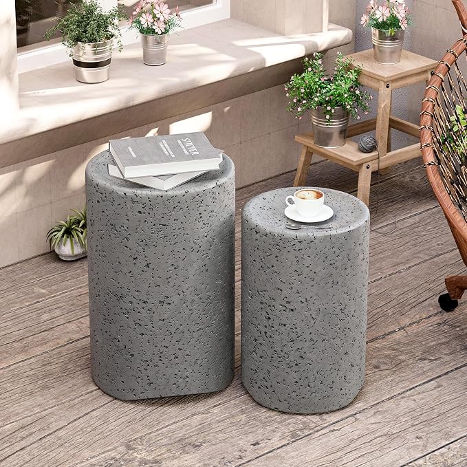 HOMPUS Outdoor Concrete Side Table Set of 2, Outdoor Nesting Table Round w Spotted Modern Vintage MgO, Lightweight Functional Patio Accent Table for Indoor Outside, Garden, Deck, Poolside, Grey