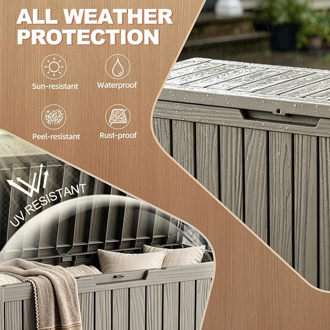 EFU Outdoor Storage Box 120 Gallon Deck Box (Indoor & Outdoor) Lockable UV Resistance Waterproof Resin Storage Bin Storage Box for Outdoor,Patio Storage With Support Rod(Taupe)