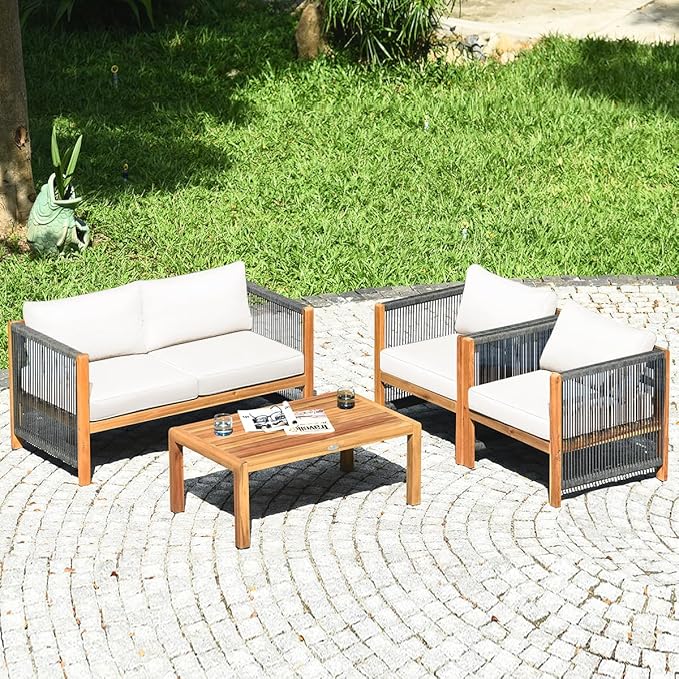 Tangkula Outdoor Wood Furniture Set with 2 Set Cushion Covers, 8 Pieces Cushioned Patio Conversation Set, for Garden Balcony Poolside Outdoor Living (2, WH-TU)
