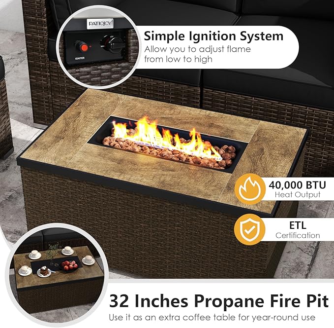 Tangkula 7 Pieces Outdoor Sectional Sofa Set Set with 32” Fire Pit Table and Propane Tank Cover, for Deck, Garden and Backyard, Fire Pit Protective Cover Included (Black)