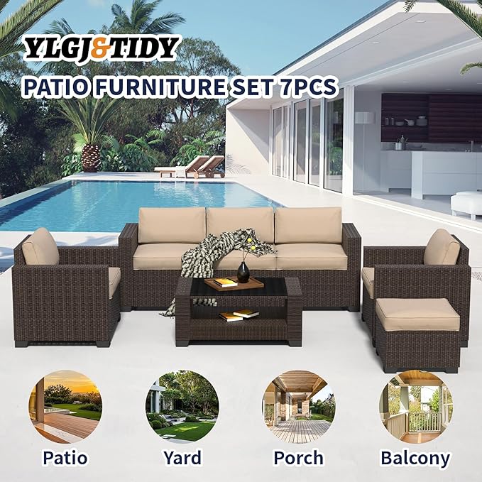 7 Pieces Patio Furniture Set Wicker Outdoor Furniture All-Weather Outdoor Sofa with Thick Cushions & Coffee Table Patio Conversation Set for Lawn, Patio, Balcony, Deck, Poolside, Brown&Beige