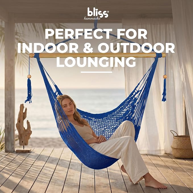 Bliss Hammocks BHC-412BLU Island Rope Hammock Chair, Eco Friendly & Hand-Woven Cotton, Varnish Coated 40 Inch Wood Spreader, Easy to Hang w/Included Hanging Kit, Supports up to 265LBS, Blue Rope