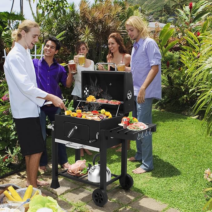 Outdoor BBQ Charcoal Grills,Heavy Duty Charcoal Grill,Metal Outdoor Barbecue Smoker,Portable Camping Barbecue Grills,with Foldable Side Tables,for Garden, Backyard, Patio, Picnics, Party (Black)