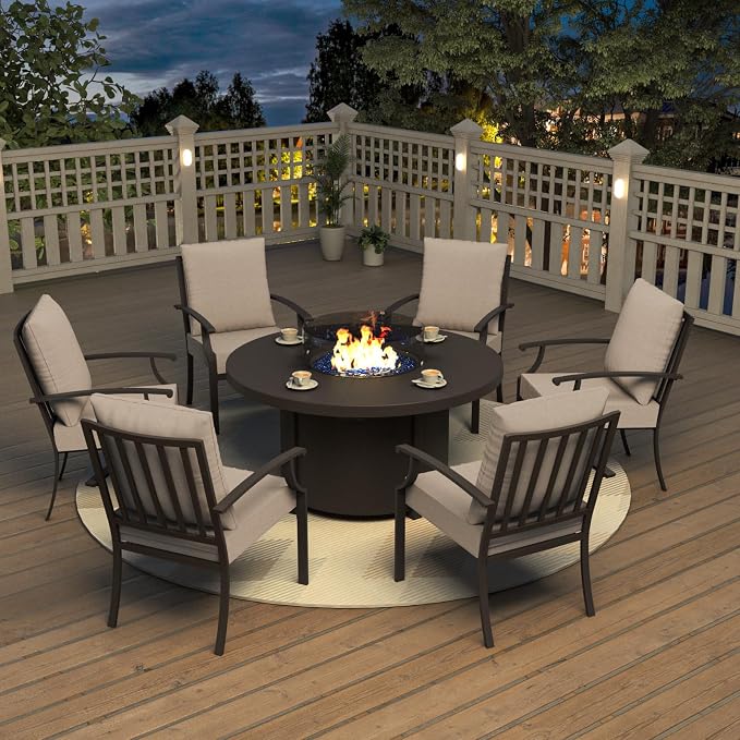 Kurapika 7 Piece Metal Outdoor Patio Furniture Set with 48" Round Fire Pit Table, Patio Conversation Sets 6 Fixed Chairs with Thick Cushion, Sand
