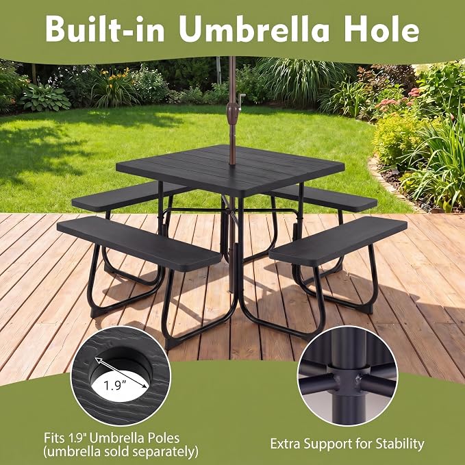GYMAX Picnic Table Bench with Umbrella Hole, 8 Person Square Outdoor Picnic Table with Metal Frame & HDPE Tabletop, Camping Table for BBQ Yard Patio, 2300LBS Capacity (Black)