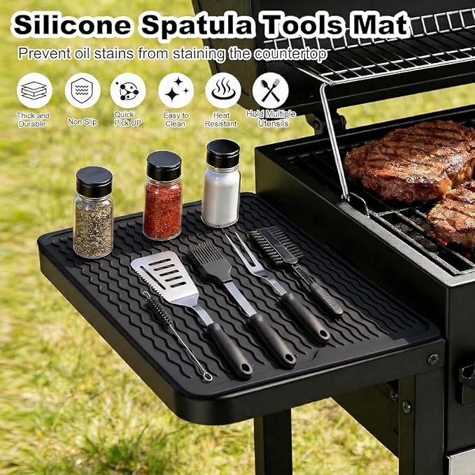 2 Pack Silicone Grill Tools Mat for Blackstone Weber Traeger Pit Boss Flat Top Grill Smoker,BBQ Accessories Pad Mats for Outdoor Kitchen Counter Cooking, Side Shelf Spatula Mat,Gifts for Men (Black)