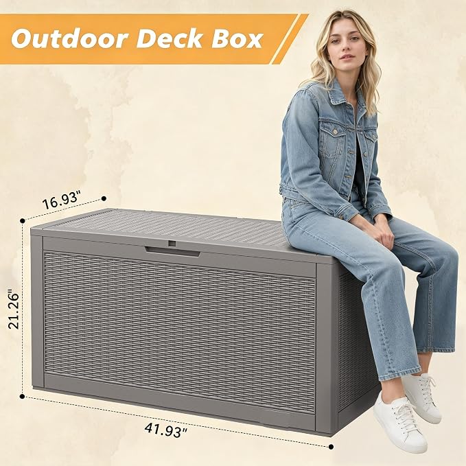 Fancyango 60 Gallon Outdoor Deck Box Waterproof, Storage Box for Patio, Resin Storage Bench Lockable for Garden Tools, Package Delivery, Grey