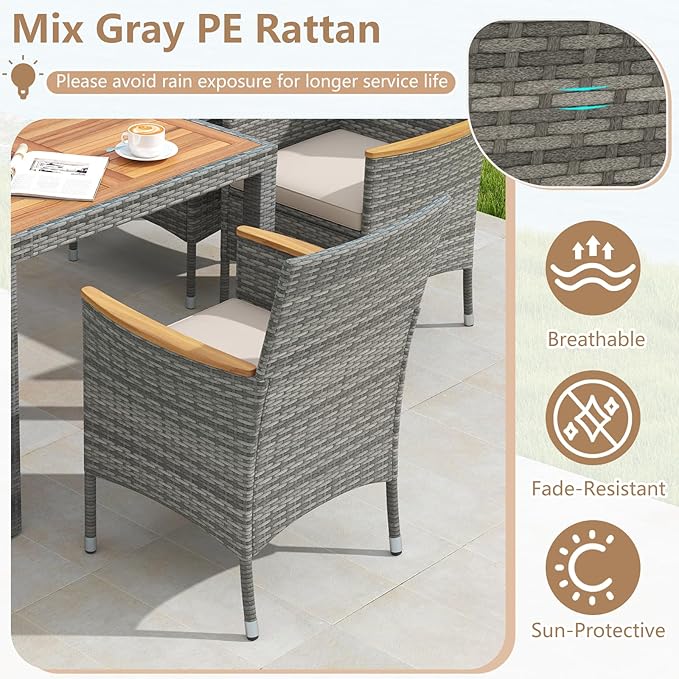 HAPPYGRILL 9 Pieces Patio Dining Set for 8, Outdoor Acacia Wood Table and Rattan Chairs with 2" Umbrella Hole, Cushions, Wicker Outdoor Dining Furniture Set for Backyard, Garden, Deck (Off White)