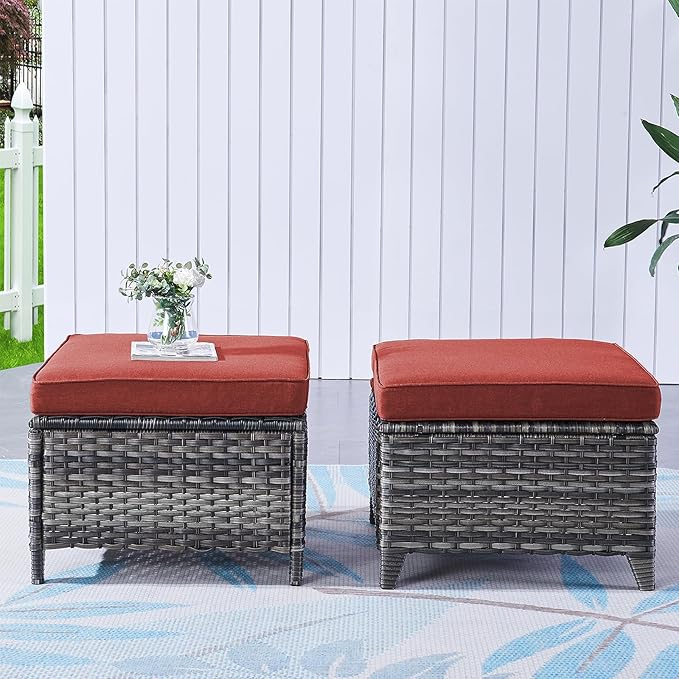 Rilyson Outdoor Ottoman Wicker Patio Ottomans - 2 Piece Footrest Footstools Set Rattan Outdoor Ottomans for Patio with Thick Cushions(Mixed Grey/Red)