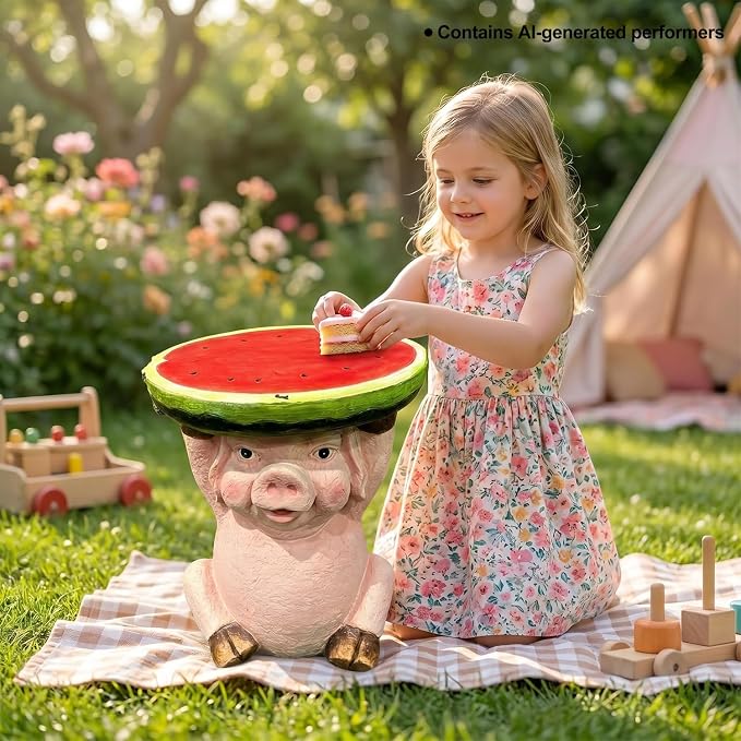 13.4 Inch Tall Pig Side Table Garden Decor Outdoor Resin Statue | Whimsical Watermelon Tray, Plant Stand, End Table Figurine, Weather Resistant