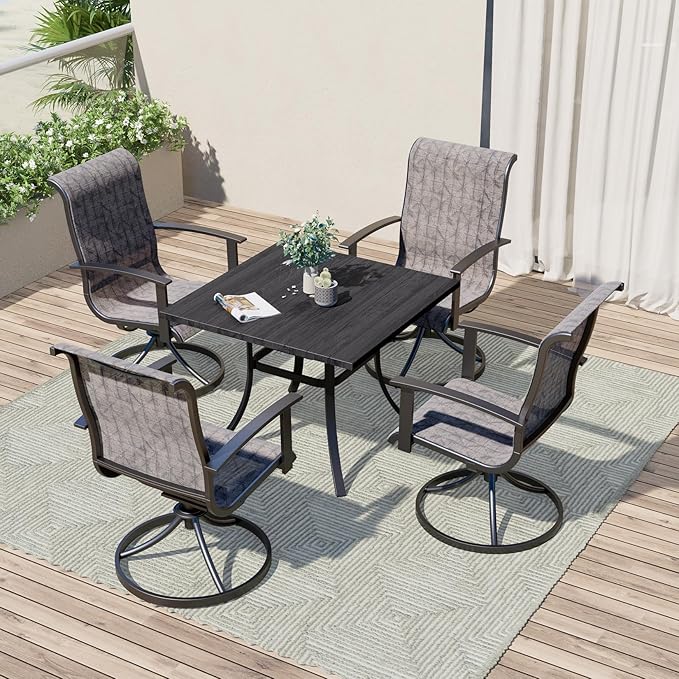 Grand patio Patio Dining Set for 4, Outdoor Dining Set with 4-Piece Mesh Sling Swivel Patio Rocking Chairs, 1-Piece Square Woodgrain Dining Table with 1.5'' Umbrella Hole, Black & Grey Plaid