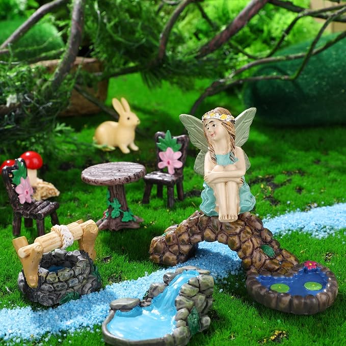 Roowest 19 Pcs Fairy Garden Kit, Miniature Fairy Garden Accessories Outdoor | Small Figurines with Animals Mushroom Pond Bridge, Resin Ornaments, DIY Micro Landscape Decor