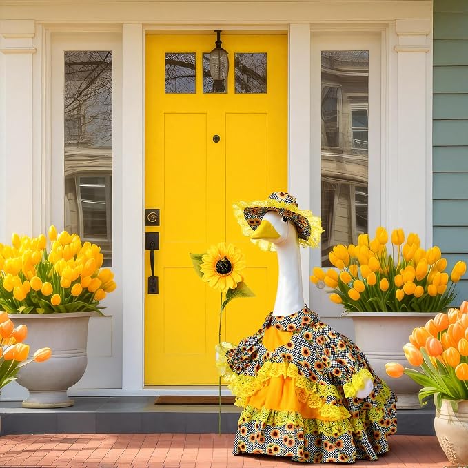 Soulchen 1 Set Sunflower Porch Goose Outfit 23 Inch Summer Cement Goose Clothes Dress and Hat Costume Set for Summer Fall Garden Yard Decor