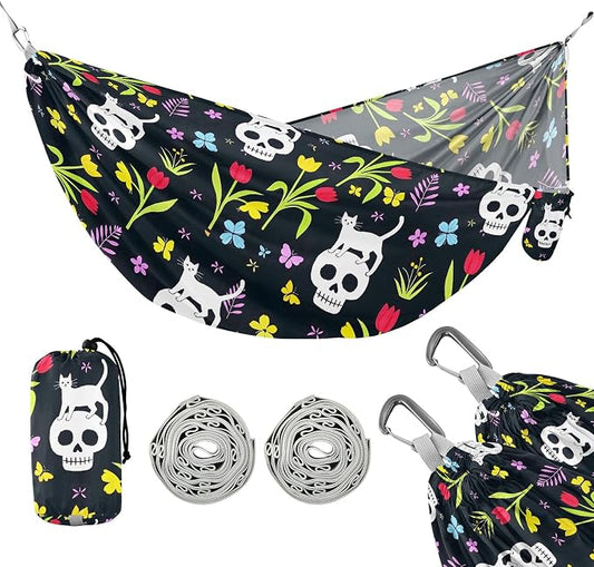 Camping Hammock Outdoor Hammocks for Outside Skull Cat Tulip Flower Beach Trees Portable Lightweight with Pockets Tree Straps Indoor