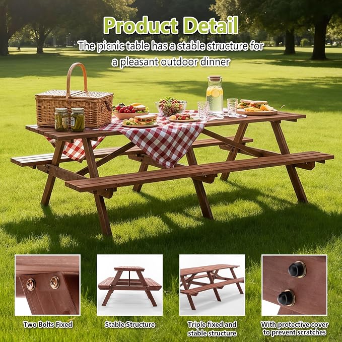 12-Person Picnic Table Set, 95-Inch Extra Large Outdoor Wooden Table with Benches & Umbrella Hole, Rustic Brown Patio Furniture for Garden, Backyard (Brown, 94.5")