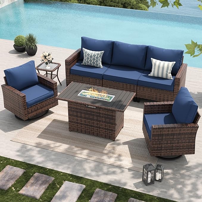 Amopatio Patio Furniture Set, 5-Piece Wicker Outdoor Sectional Sofa with Swivel Rocker Chairs, All-Weather Rattan Conversation Set with Fire Pit Table and Waterproof Cover for Backyard Brown/Navy
