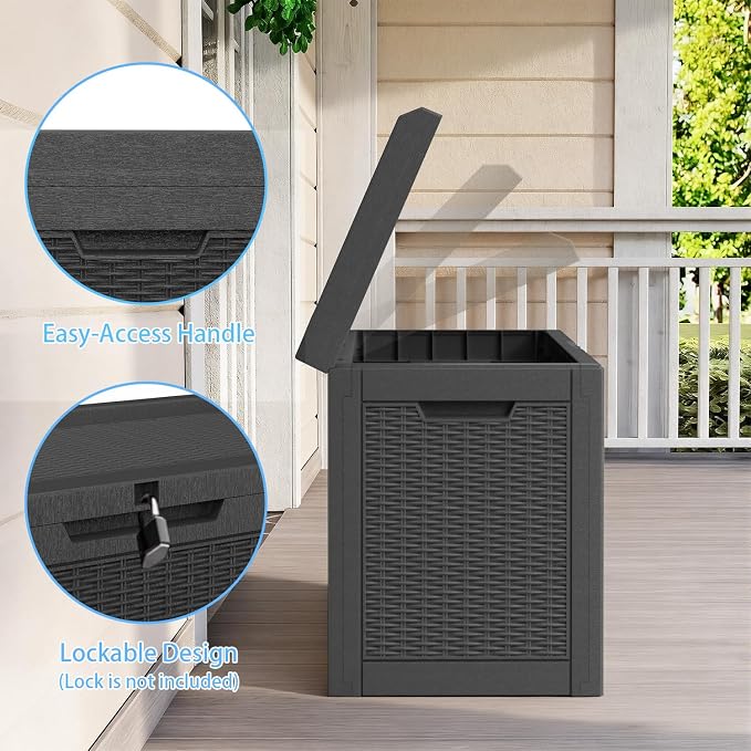 Pepe Tee Waterproof Resin Deck Box, Outdoor Storage Bin for Patio Furniture Cushions, All-Weather Garden Organizer & Seating Bench, Black