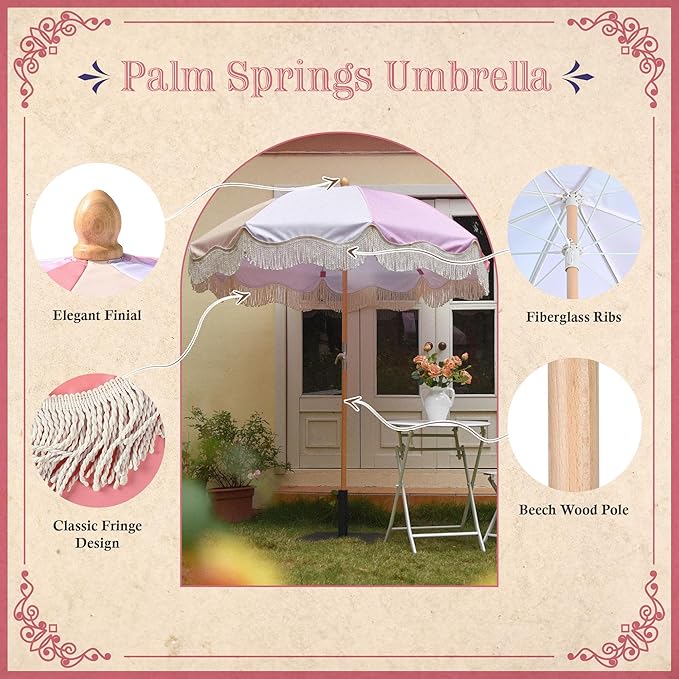 LAGarden Fringe Patio Umbrella with Carry Bag & Cover Vintage Wood for Event Outdoor Garden Yard Wedding Bistro Table