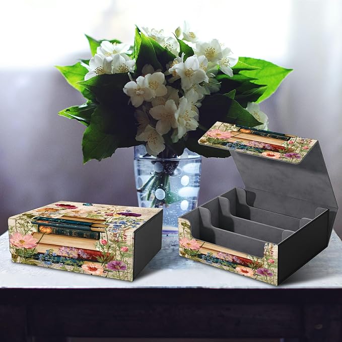 Large Card Deck Box for MTG, Fits 1200+ Sleeved Cards, PU Leather Storage Case with Strong Magnetic Closure, Multiple Colors for TCG CCG Baseball Card Collections, Vintage Flower Books