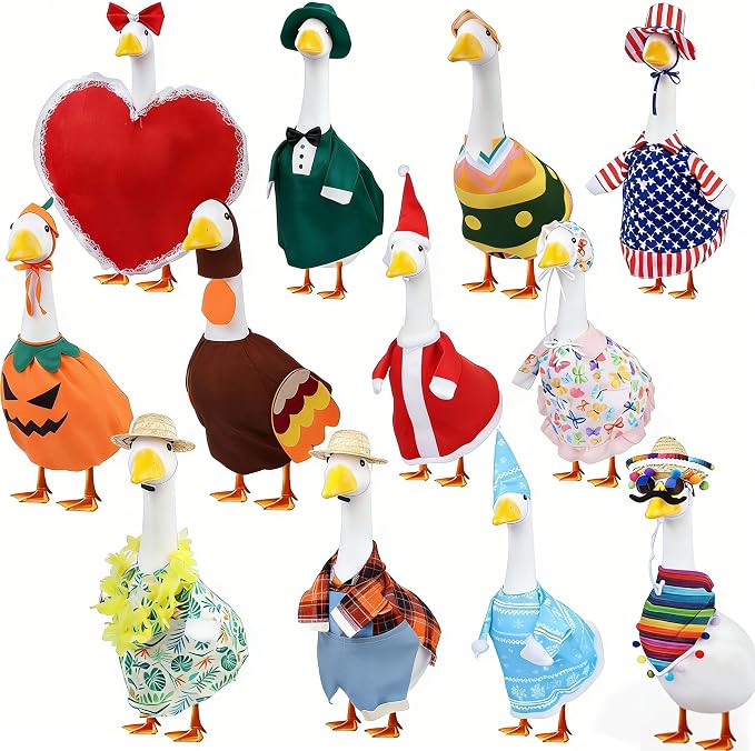 12 Set Holiday Porch Goose Outfits All Seasons Holiday Bundle St. Patrick Easter Summer Hawaiian 4th of July Fall Lawn Goose Clothing Porch Clothes for Patio Yard Lawn Decor