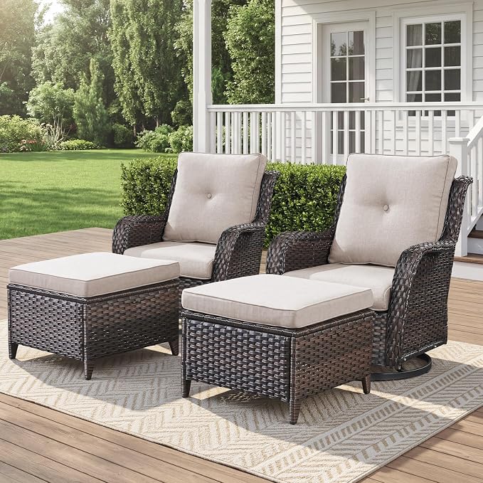 Belord Outdoor Swivel Chairs Set of 2,Patio Wicker Rocker Chairs with Ottomans, All Weather Patio Conversation Furniture Set, Ideal for Porch Balcony Deck Yard, Brown Wicker/Beige