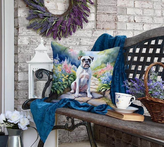 Caroline's Treasures White Boxer Spring Path Throw Pillow Machine Washable, Indoor Outdoor Decorative Pillow for Couch, Bed or Patio, 18Hx18W