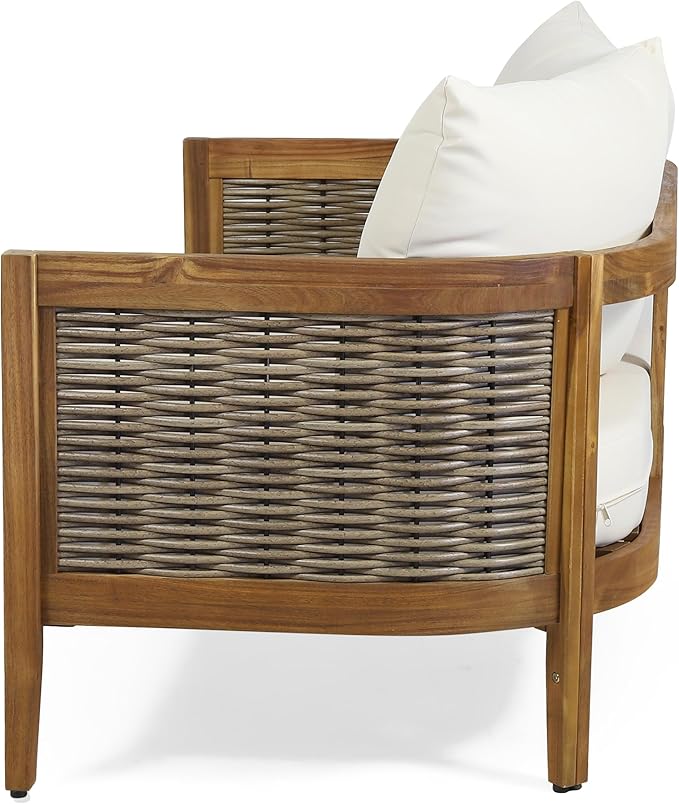 Merax Outdoor Acacia Wood Wicker Conversation Set 2 Seater with Loveseat and Coffetable for Backyard