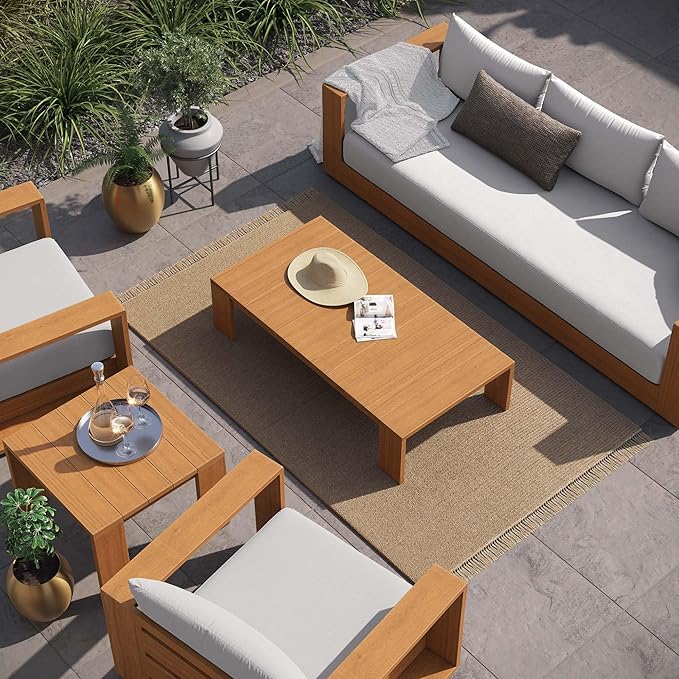 Modway Tahoe Acacia Wood 5-Piece Outdoor Patio Furniture Set in Natural Light Gray - Includes Lounge Chair and Sofa with Weather-Resistant Cushions, Plus Coffee Table