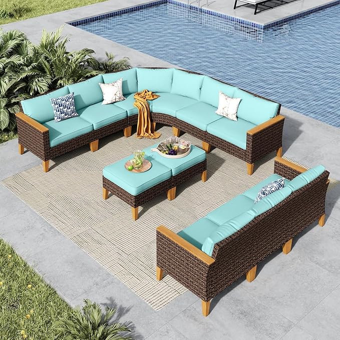 MFSTUDIO 11 Pieces Wicker Patio Furniture Set, All-Weather Rattan Outdoor Half-Moon Patio Sectional Sofa Set, 2 x Curved Sofa, 3 x Armless Chair, 2 x Ottoman, 4 x Corner Sofa(Aqua Blue Cushions)