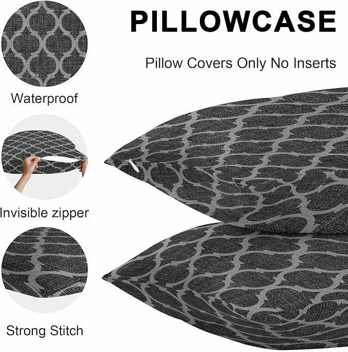 Black Morocco Outdoor Pillow Covers 16x16 Inch Throw Pillow Covers Set of 2 Waterproof Decorative Pillow Cases Boho Vintage Quatrefoil Geometric Plaid Cushion Covers for Patio Furniture Garden Couch